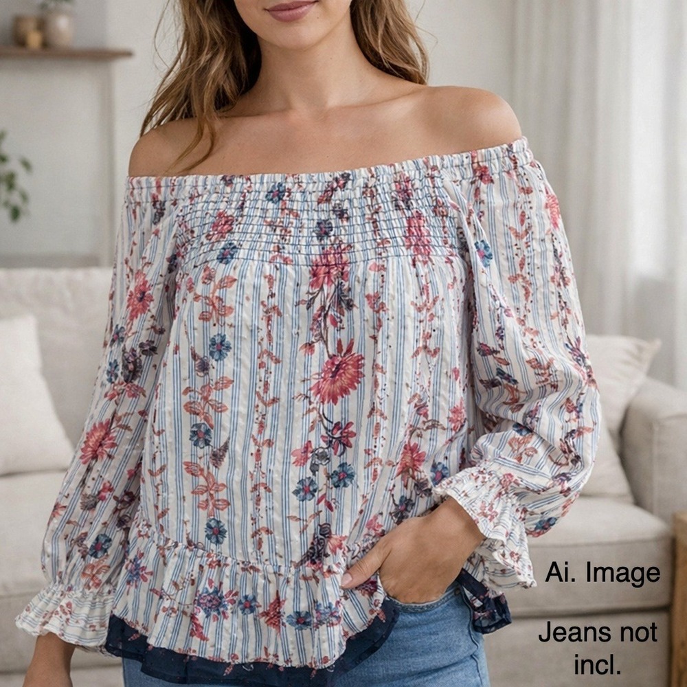 Melissa Paige Petite PM Floral Striped Clip Dot Smocked Bell Sleeve Blouse Boho